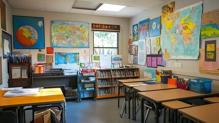 A classroom with maps and colorful posters on the walls,  desks with chairs and a bookcase filled with books.