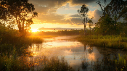 Wall Mural - Beautiful orange and blue sky above calm lake, reflecting trees and clouds at dusk