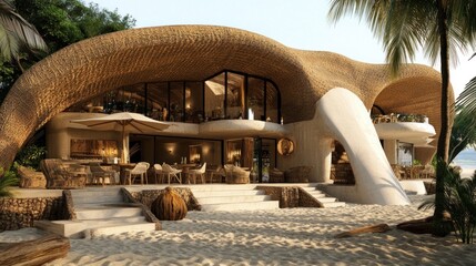 Wall Mural - Modern beachside restaurant with a thatched roof and large windows overlooking the ocean.