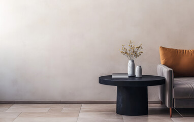 A modern living room with a stylish black coffee table and decorative vases in a serene setting