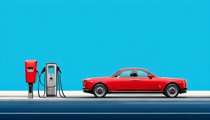 Wall Mural - Sleek Red Car Speeding by Modern Electric Charging Station