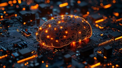 A close-up of a glowing wireframe brain with orange light points, floating above a dark blue motherboard representing AI