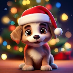 Sticker - Cute Cartoon Puppy Dog Wearing a Santa Claus Hat. Christmas Theme Image