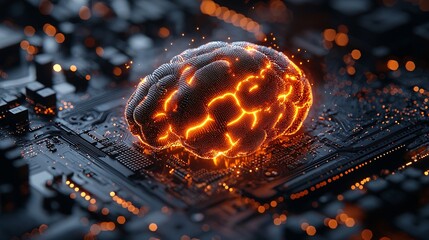 A 3D render of a digital brain with orange light pulses, floating above a dark blue electronic motherboard