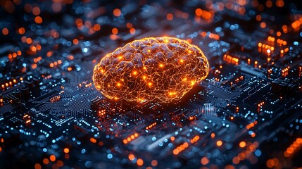 A 3D render of a glowing wireframe brain with orange lights, floating above a detailed blue circuit board symbolizing AI