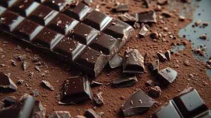 Close up of a chocolate bar with scattered pieces forming a rich and textured backdrop Ideal for dessert related projects