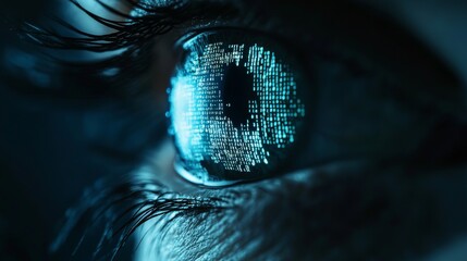 Wall Mural - Close up of eye with digital code.Hacker, cyber security, programming background