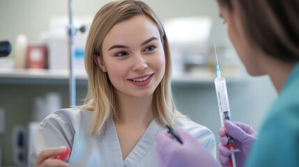 Sticker - A healthcare professional prepares a syringe while engaging with a patient in a clinic.