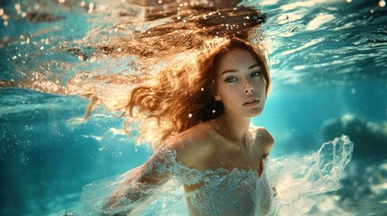 Woman with long red hair looks at the camera while swimming underwater.