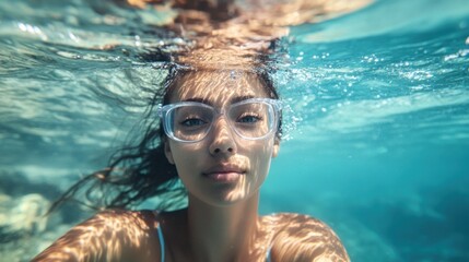 Wall Mural - A woman wearing goggles swims underwater.