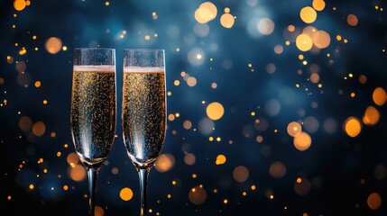 banner featuring two champagne glasses against a dark blue backdrop enhanced with bokeh lights glitt