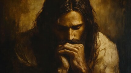 Close-up portrait of a man with long hair and beard, looking down with his hands clasped together in prayer, painted in a dark brown and gold color scheme.