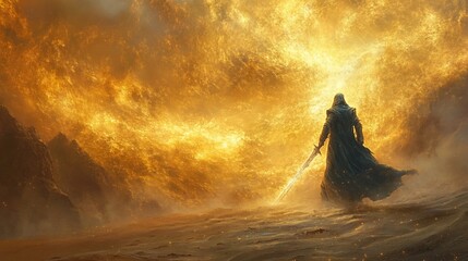 A lone warrior stands with his sword drawn, facing a massive wall of fire in a desolate landscape.