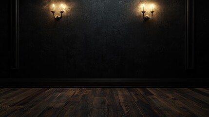 A dark space featuring a wooden floor and two wall sconces