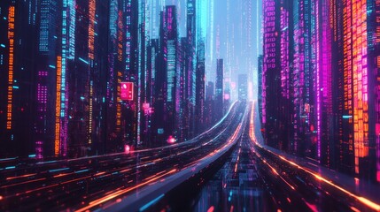 Poster - A futuristic cityscape with neon lights and digital elements, depicting a vibrant urban environment.