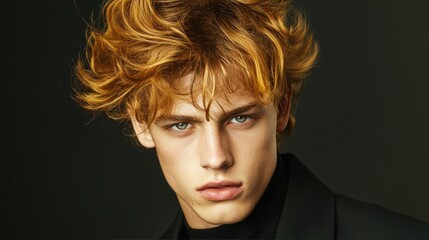 Wall Mural - Stylish young man with curly blond hair, posing confidently against a dark backdrop, showcasing modern fashion and attitude.