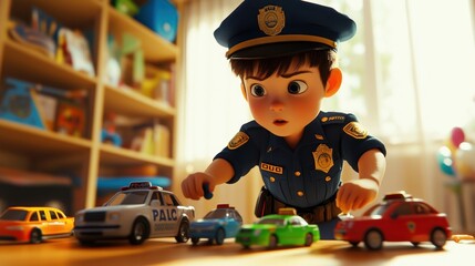 Poster - A young boy dressed as a police officer plays with toy cars in a colorful room.