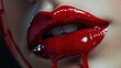 © h4kunA - Closeup of a woman's lips with dripping red lipstick.