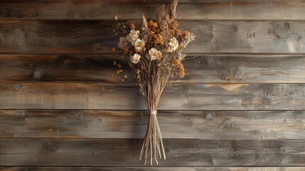 Sticker - A stunning dried flower bouquet suspended on a rustic wooden wall bringing a touch of natural elegance to any environment