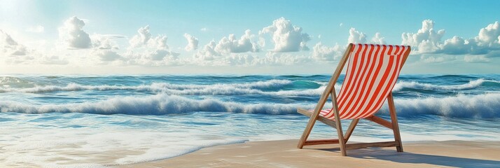 Sticker - A serene beach scene featuring a classic striped lounge chair facing the ocean waves. This relaxing image evokes summer vibes and tranquility in a beautiful coastal setting. AI