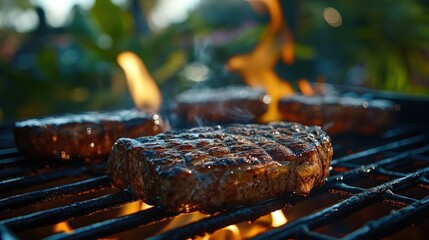 Close-up of juicy, sizzling burgers grilling on a hot barbecue with flames visible in the background.