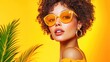 © Sumet - Vibrant portrait of a stylish woman with curly hair, wearing yellow sunglasses against a bright yellow background.