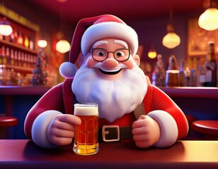 Poster - Cute Cartoon Santa Claus Having a Drink in a Bar. Christmas Theme Image