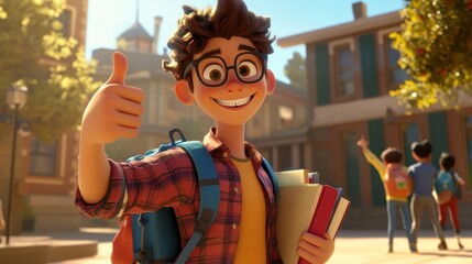 Poster - A cheerful young boy gives a thumbs up while holding books in a vibrant school setting.