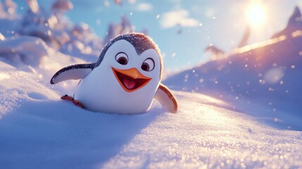 Wall Mural - A cheerful animated penguin playing in the snow under a bright sun.