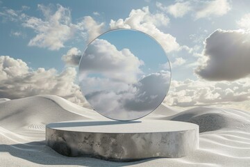 Wall Mural - A large, round, reflective surface is set in a desert landscape