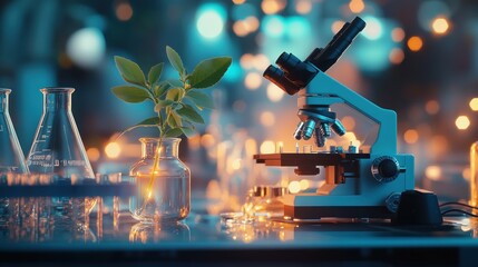 Wall Mural - A laboratory setup featuring a microscope, glassware, and a plant, highlighting scientific research.