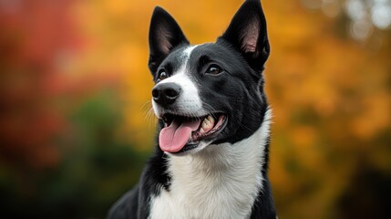 Sticker - A close-up of a happy black and white dog with a blurred autumn background.