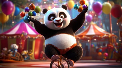 Poster - A joyful panda performs on a unicycle, juggling colorful balls at a festive carnival.