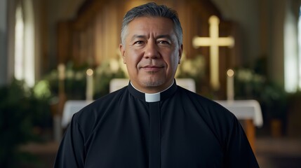 Middle Aged Hispanic Male Protestant Minister in Church Setting with Wooden Cross in Background