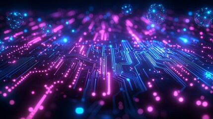 Wall Mural - abstract circuit board with glowing pink and blue lights