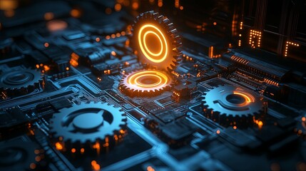 Wall Mural - glowing cogs on a futuristic circuit board