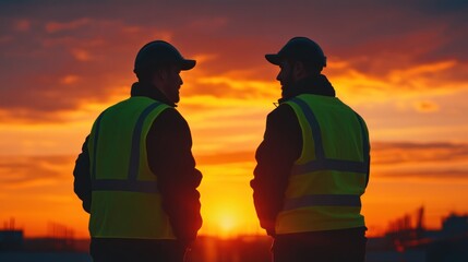 Two workers in safety vests silhouetted against a sunset.