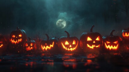 Canvas Print - A spooky Halloween scene featuring carved pumpkins glowing under a full moon.