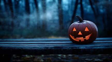 Wall Mural - One spooky halloween pumpkin blank template on a wooden bench with a misty forest night background with space for product placement.