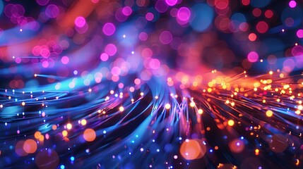 A close-up of fiber optic cables glowing with colorful lights