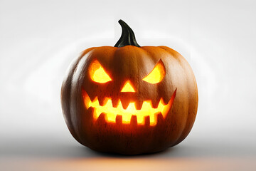 Wall Mural - A single lit spooky halloween pumpkins, Jack O Lantern with evil face and eyes isolated against a transparent background.