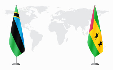 Zanzibar and Sao Tome and Principe flags for official meeting against background of world map.