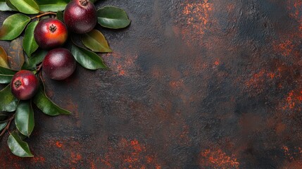 Wall Mural - A composition of red fruits and green leaves on a textured dark background.