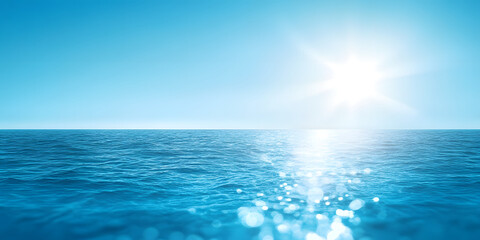 Poster - A bright blue background of a warm spring, summer sky and distant horizon over a blue ocean or sea with light reflecting off the surface from sun flare on the right.