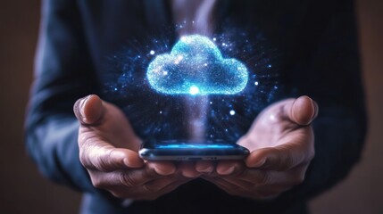 Poster - Person holding a smartphone with a blue glowing cloud over it.