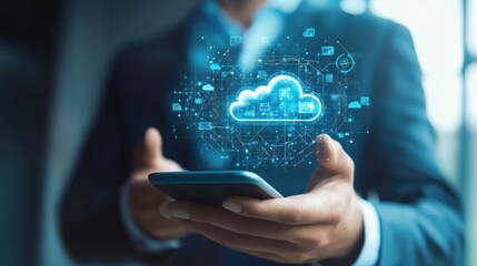 Wall Mural - businessman using smartphone with cloud computing and network technology hologram.