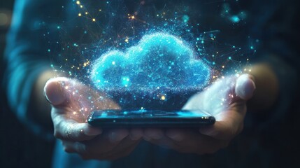 Wall Mural - hand holding a smartphone with a glowing blue cloud icon emerging from the screen.