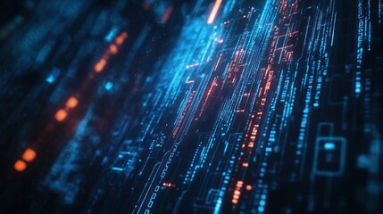 Abstract digital data flow with glowing lines and binary code elements.