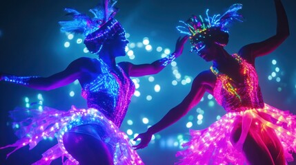 Two women in neon costumes performing under colorful lights.