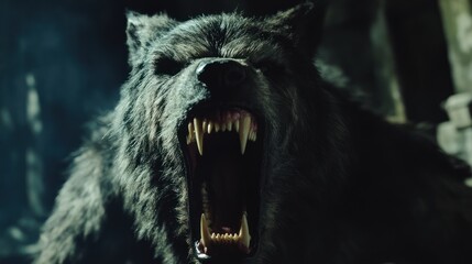 Close-up of a wolf's face with mouth open, showing sharp teeth and a dark background.